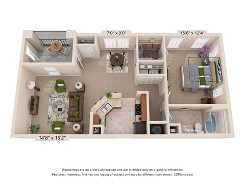 Floor plan for 1 bed, 1 bath, 908 sqft